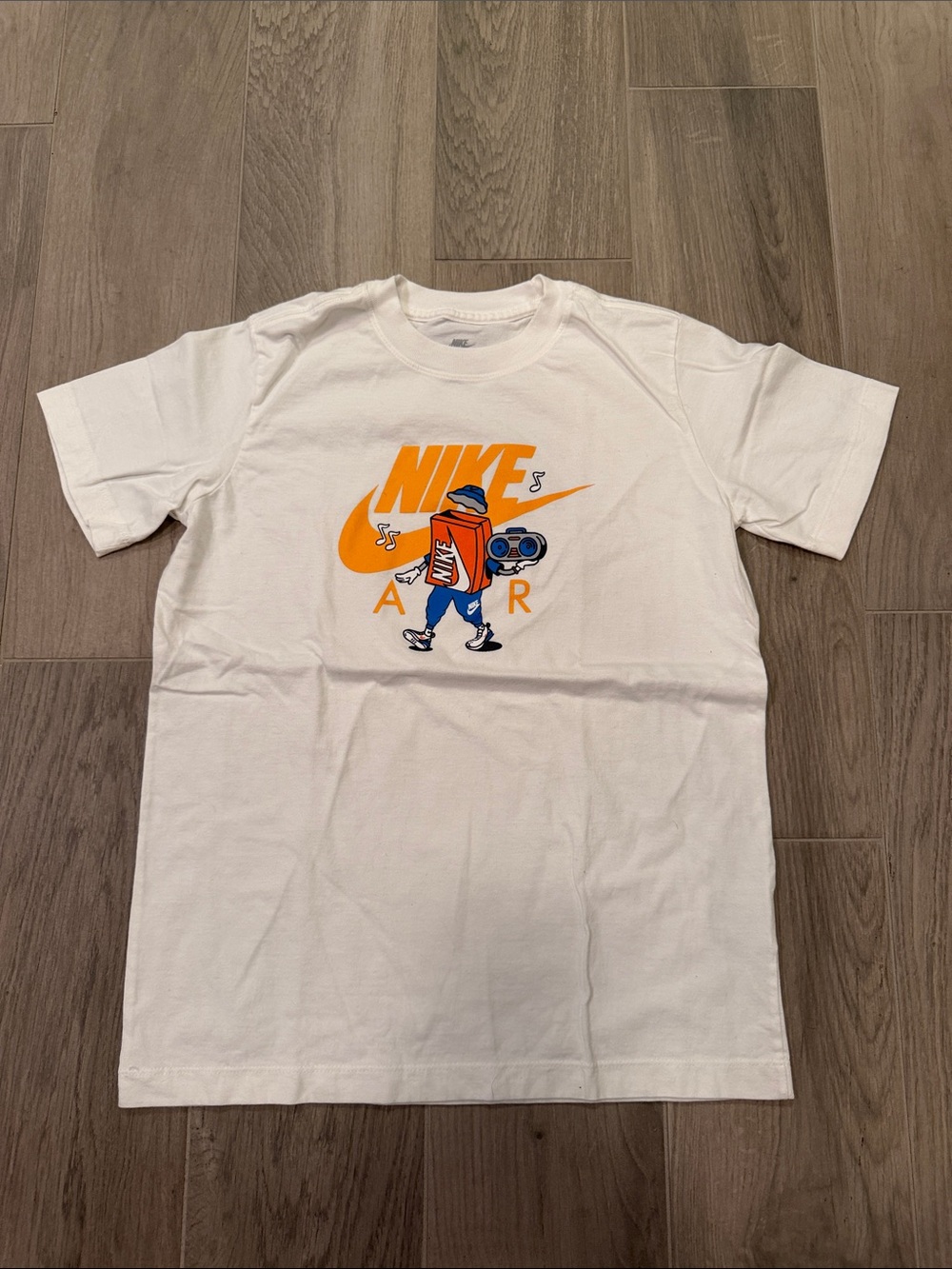 Nike Boys White Short-Sleeve Tee with Orange Swoosh & Blue Graphic Size L